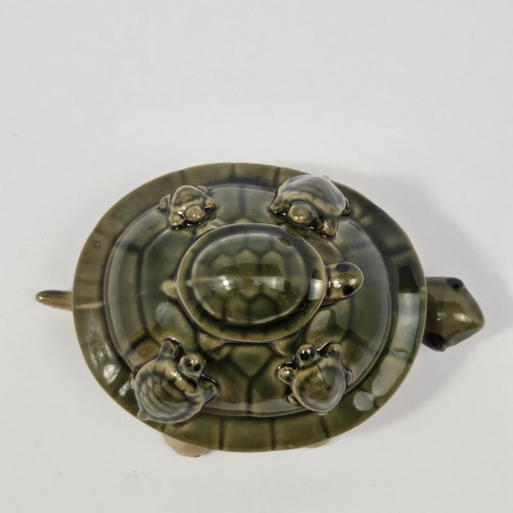 Vintage Ceramic Turtle Nodder Figurine Green Glazed Mother & Babies Decor 6.5
